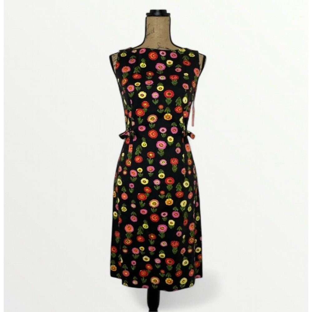 Vtg 60s Lanz Shift Dress Womens Size 11 Black Bold Floral Buttons EW Edwards NOS